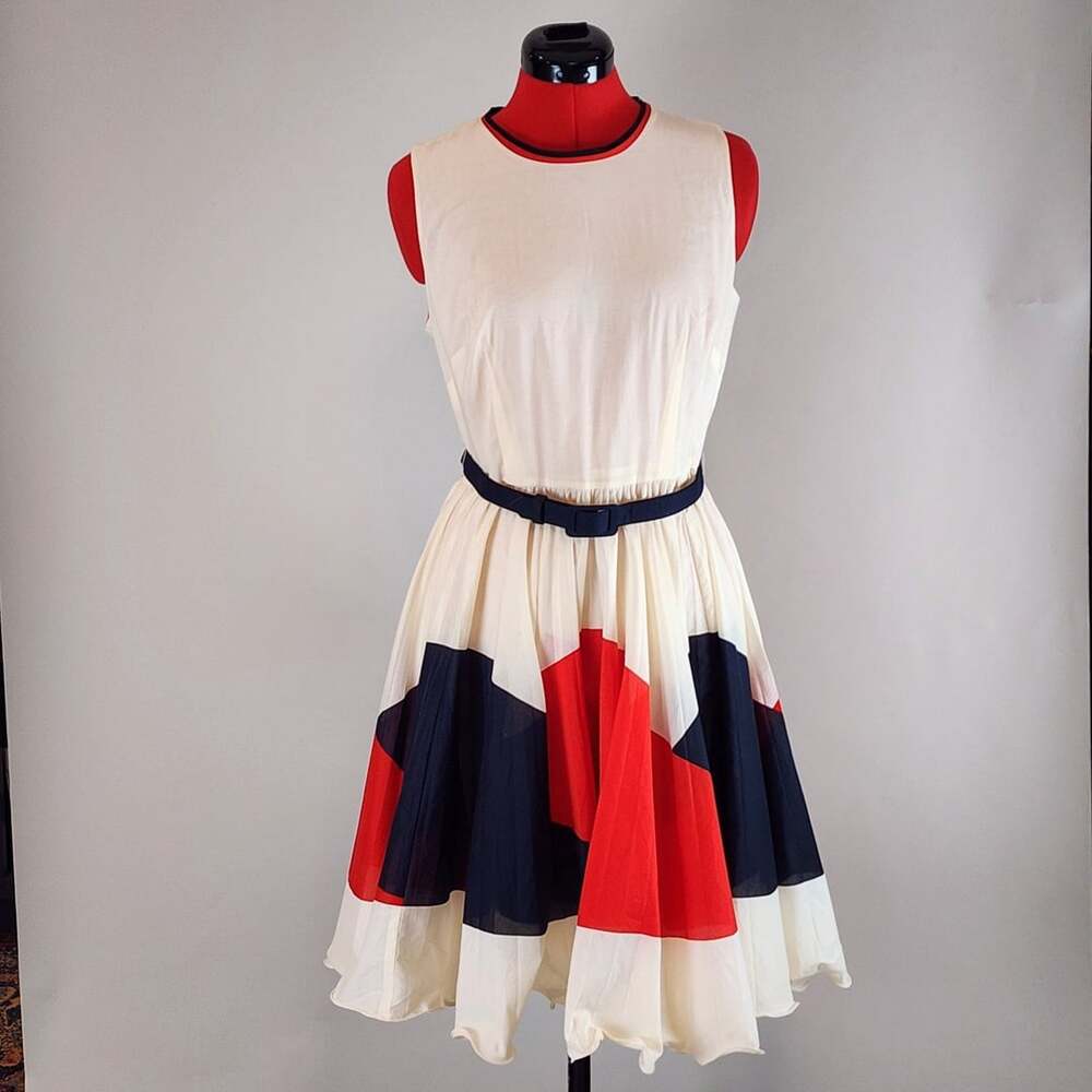 Milly of New York Retro Colorblock Cotton Pleated Midi Dress Sz 6